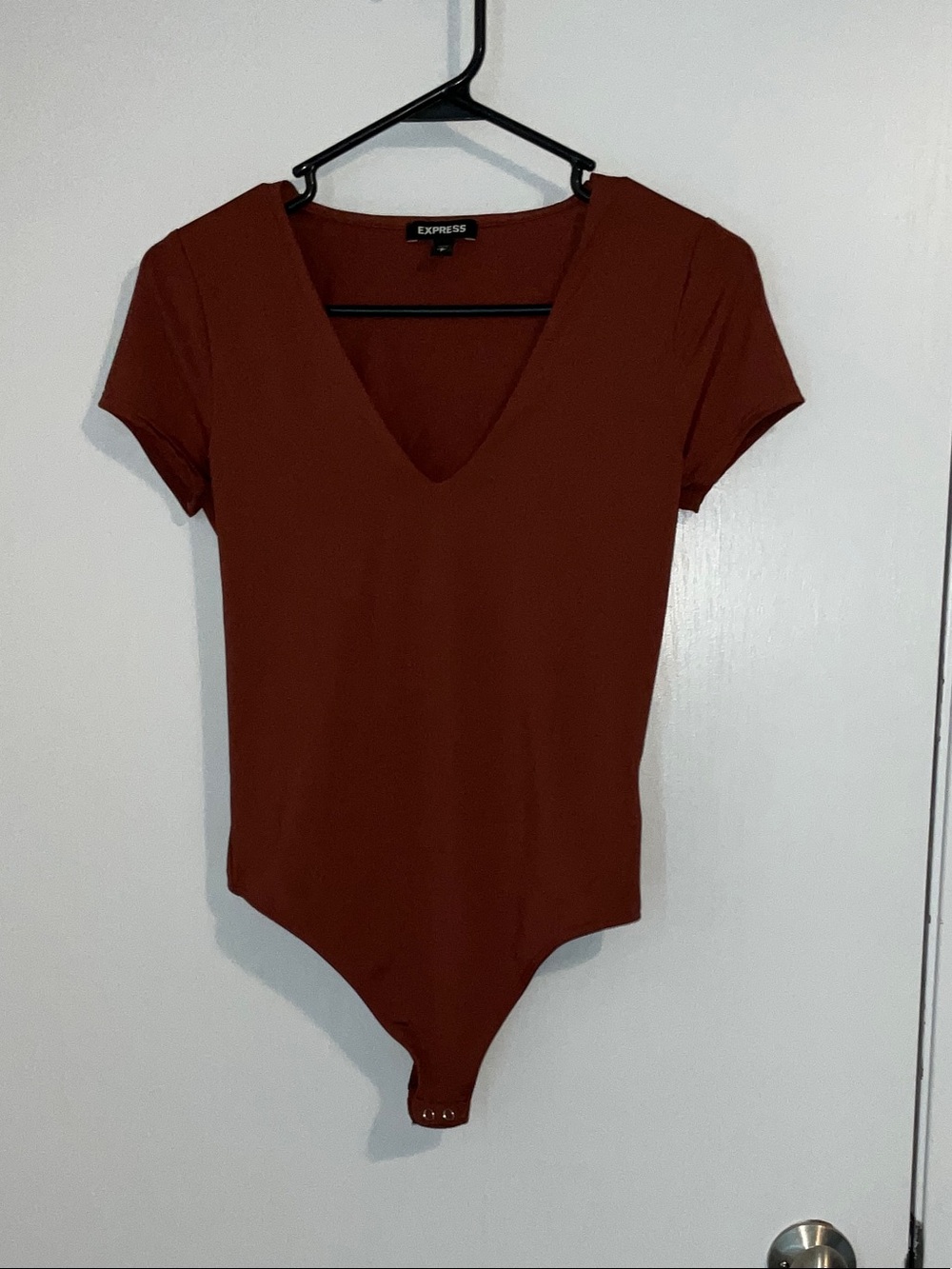 Express Short Sleeve Deep V Bodysuit - Rust Brown